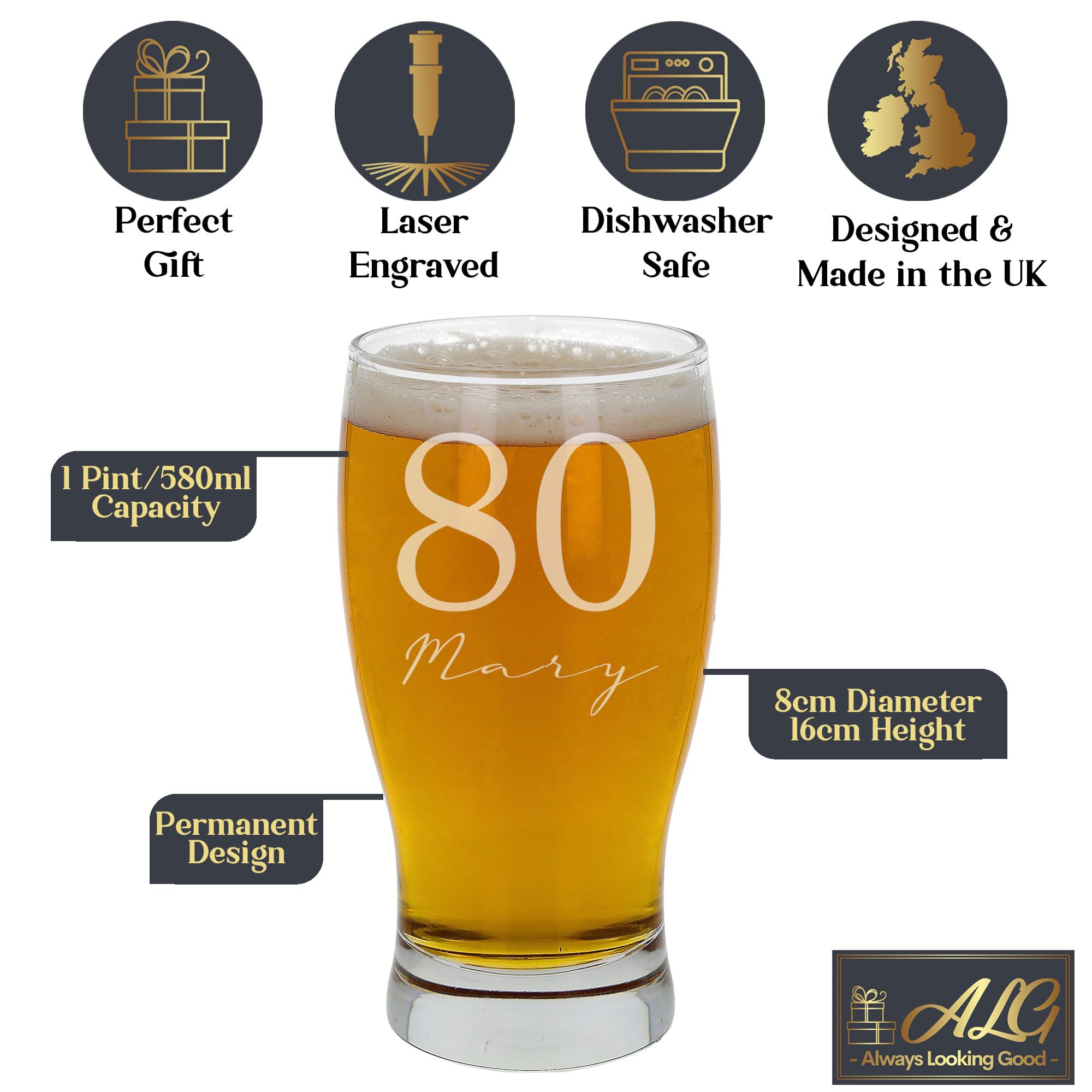 Personalised 80th Birthday Pint Glass with Name